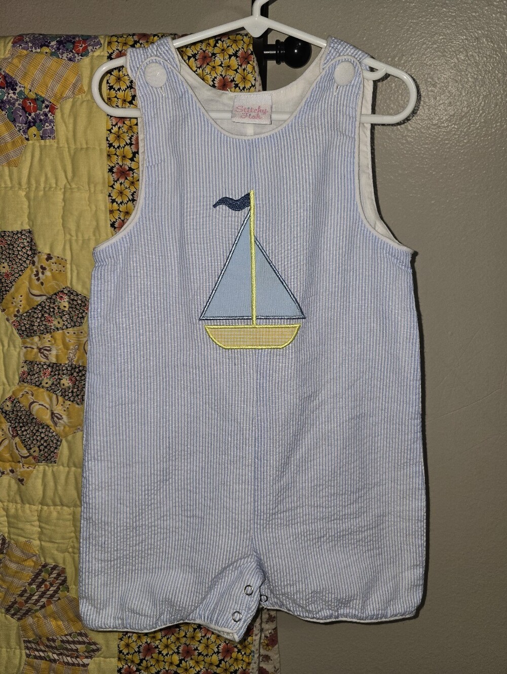 Stitchy Fish Blue And White Searsucker With Sailboat